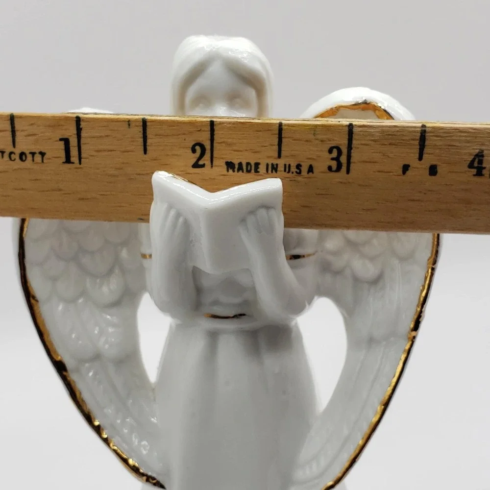 Angel Holding A Book or Hymnal Statue Figurine White Porcelain with Gold Trim